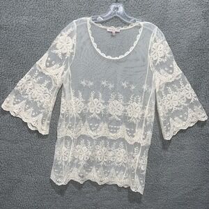 Blu Pepper Shirt Women's Size M Cream Tunic Top Blouse Lace Long Sleeve